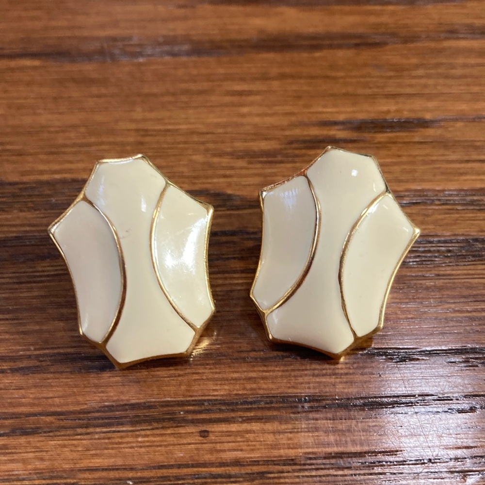 Vintage Monet Cream Enamel Geometric Clip-On Earrings - Women Jewelry
